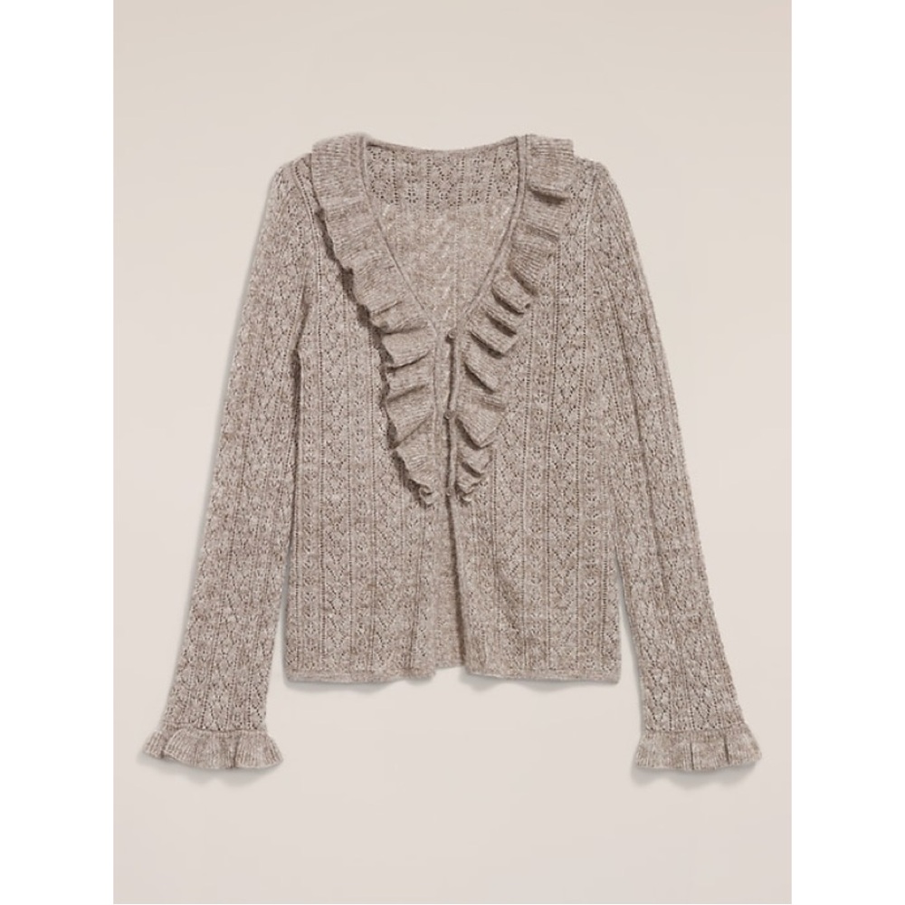 Old Navy x Anna Sui Ruffle Cardigan Sweater Wool V-Neck Long-Sleeves Taupe Brown